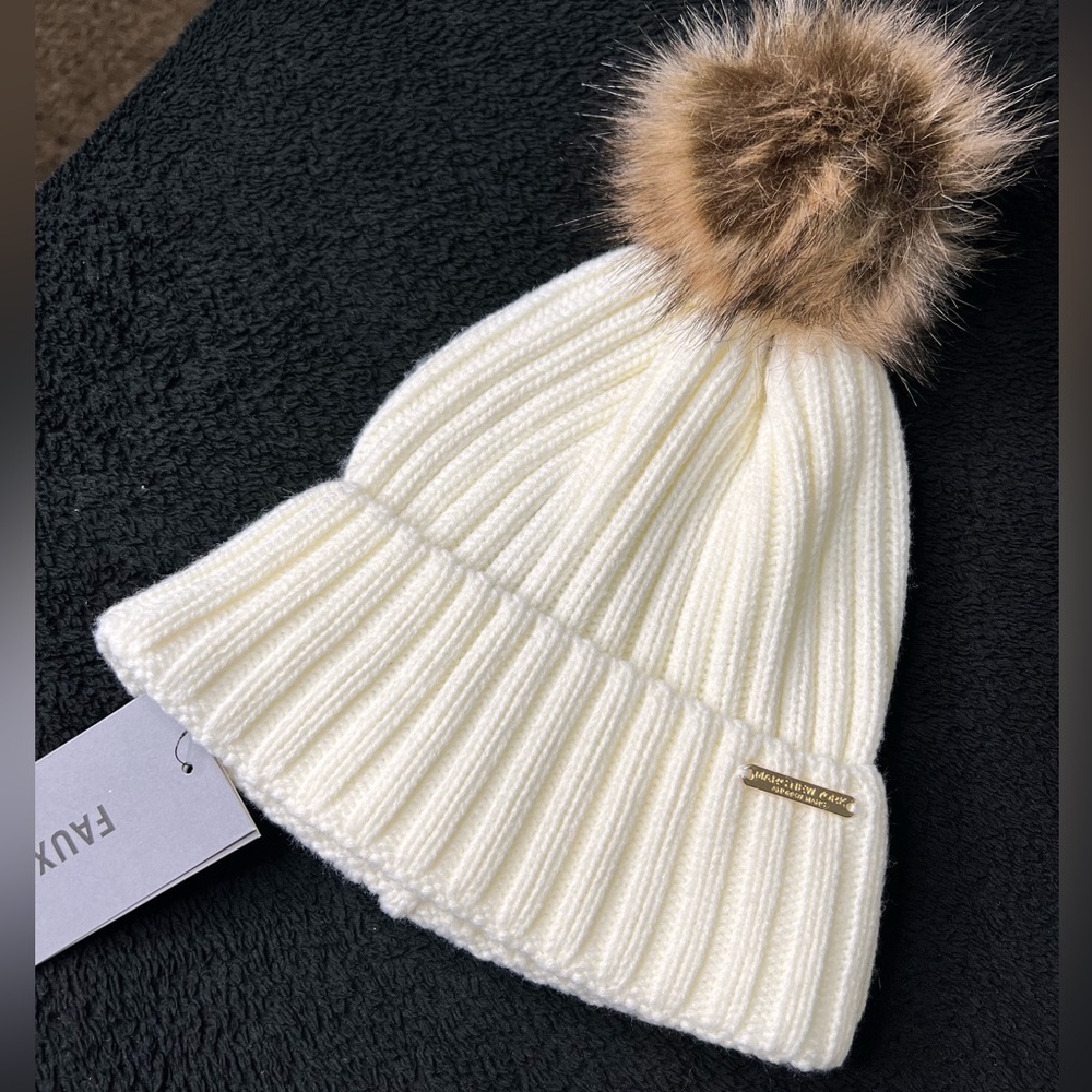 Andrew Marc cream winter hat with faux fur puff